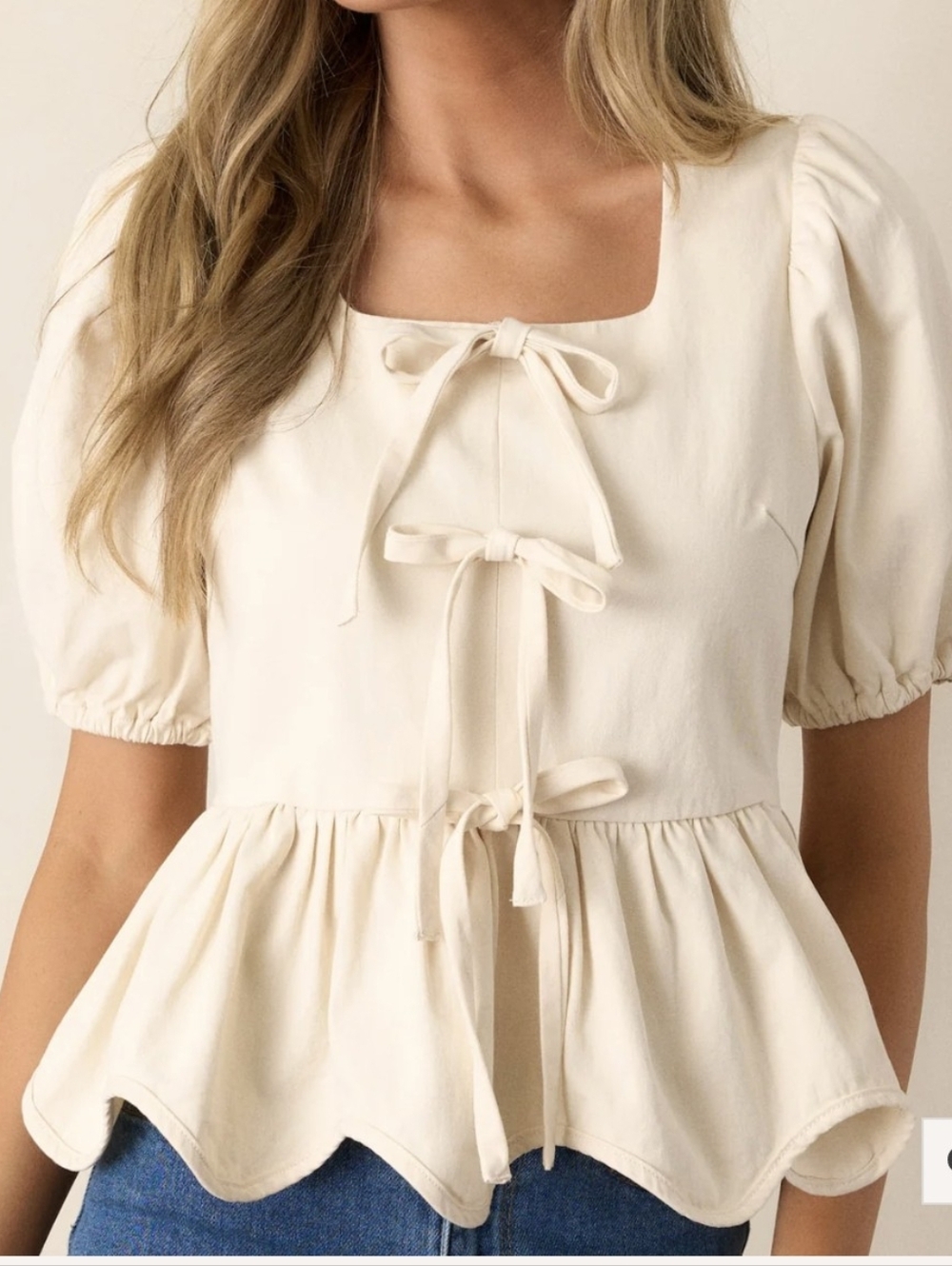 Cream Ivory Puff Sleeve Bow Peplum Top Size Large 100%